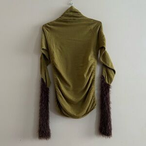 NWT Vitelli Italy Sz 4 (US S) Green Cashmere Turtleneck With Brown Fur Sleeves